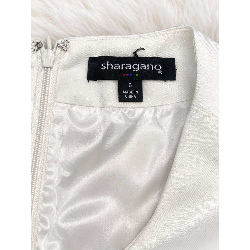 Sharagano Cream Ruffle Sheath Dress Size 6 | Belted Office Bridal Cocktail - Picture 2 of 4